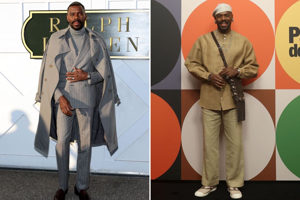 Collage of Colman Domingo attending New York Fashion Week in Ralph Lauren attire and at the Valentino show in Paris.