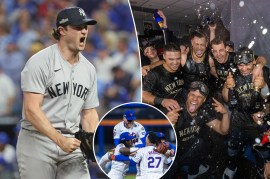 Gerrit Cole yells, the Yankees spray champagne; inset: the Mets celebrates in the NLDS