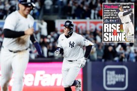 Gleyber Torres and Aaron Judge round the bases during the Yankees' win over the Guardians on Oct. 15, 2024.