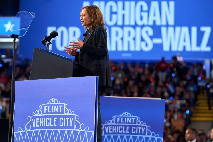 Vice President Kamala Harris speaking at a campaign rally in Flint, Michigan on Oct. 4, 2024.