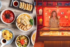 A collage featuring various dishes and Nicole Farhi in a room