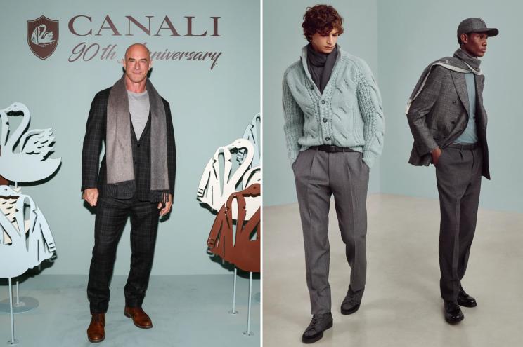 A collage featuring Canali clothing and actor Christopher Meloni in Canali clothing.