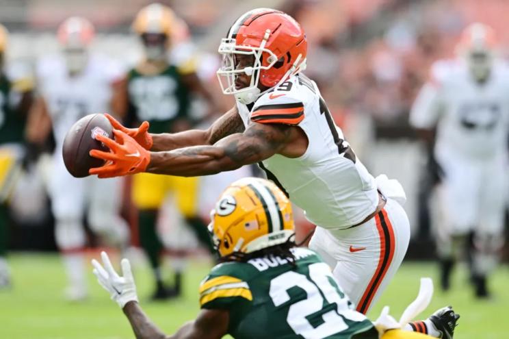 Browns wide receiver Cedric Tillman (19) misses a pass as Green Bay Packers safety Javon Bullard (20) defends