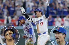 Francisco Lindor and Shohei Ohtani during Mets-Dodgers NLCS Game 1 on Oct. 13, 2024; insets: Mark Vientos, Kodai Senga