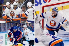 Clockwise from top left: Anthony Duclair celebrates an Islanders goal, Ilya Sorokin makes a save, Max Tsyplakov battles for the puck.