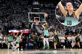 Sabrina Ionescu hits a game-winning 3-pointer for the Liberty in Game 3 of the 2024 WNBA Finals; inset: Ionescu celebrates