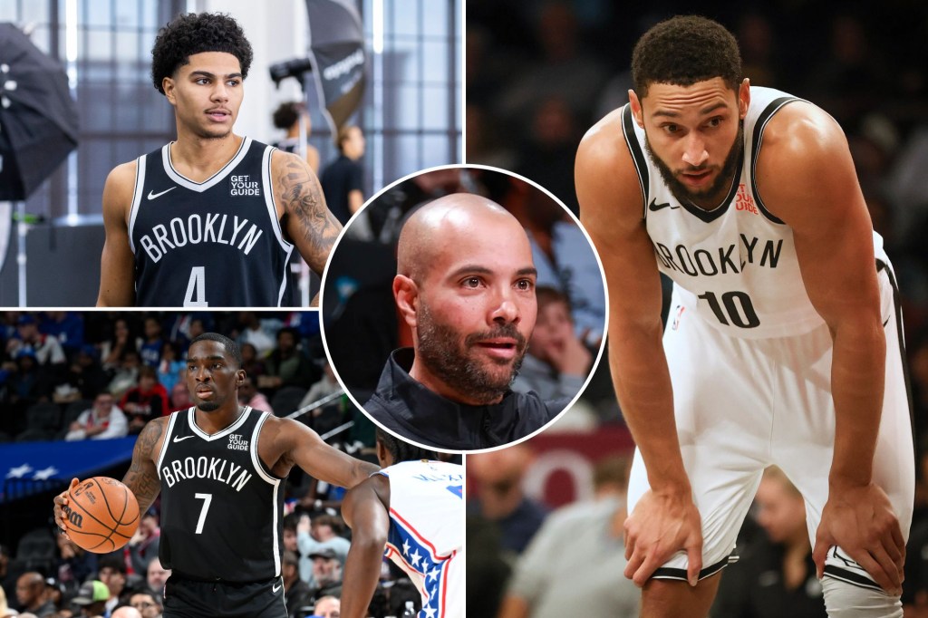 Nets guard Killian Hayes, Ben Simmons and Shake Milton (clockwise from top left); inset: Jordi Fernandez