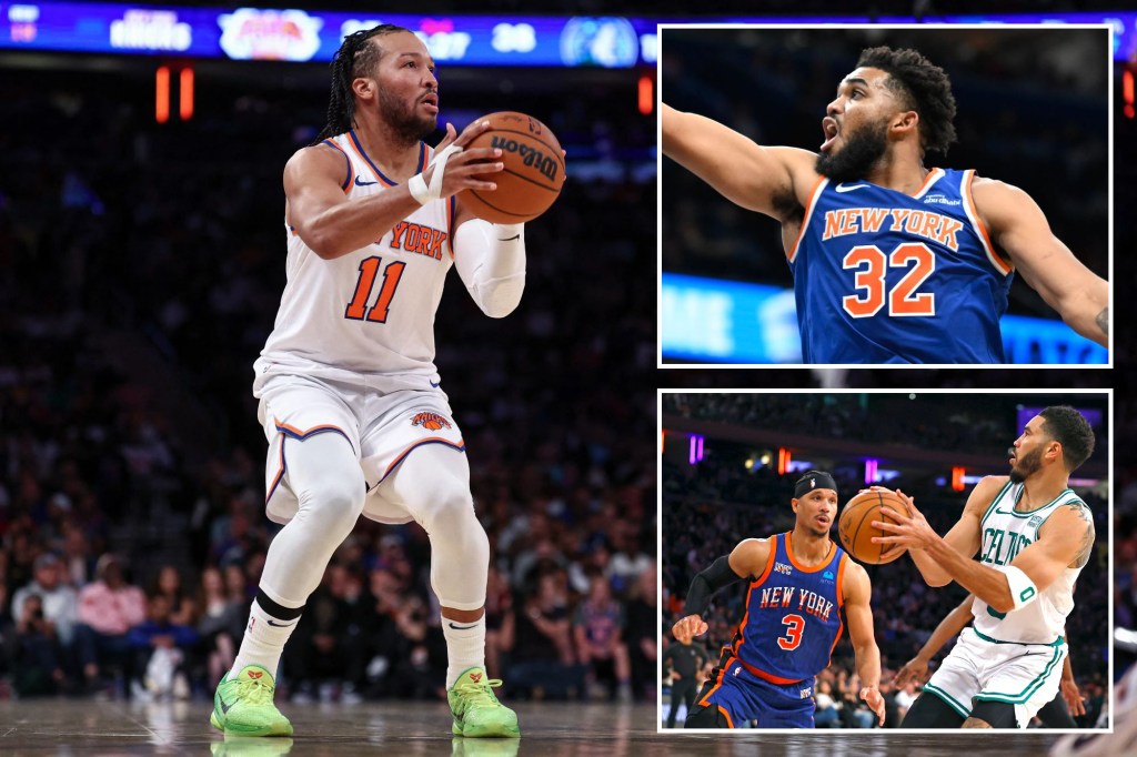 Jalen Brunson shoots during the Knicks preseason; Karl-Anthony Towns; Josh Hart and Jayson Tatum in a Knicks-Celtics game