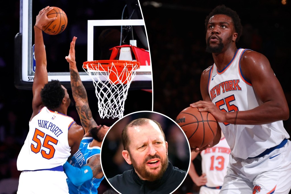 Ariel Hukporti dunks during a Knicks preseason game; shoots a free throw; Tom Thibodeau