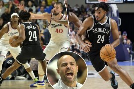 The Nets' Cam Thomas plays in a preseason game against the Clippers; inset: Jordi Fernandez