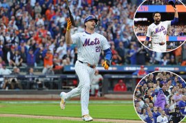 Pete Alonso rounds the bases after hitting a home run; Sean Manaea tips his cap; a fan in a Grimace suit at the Mets' Game 3