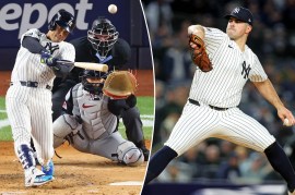 Juan Soto hits a home run, and Carlos Rodon delivers a pitch during the Yankees' win over the Guardians on Oct. 14, 2024.