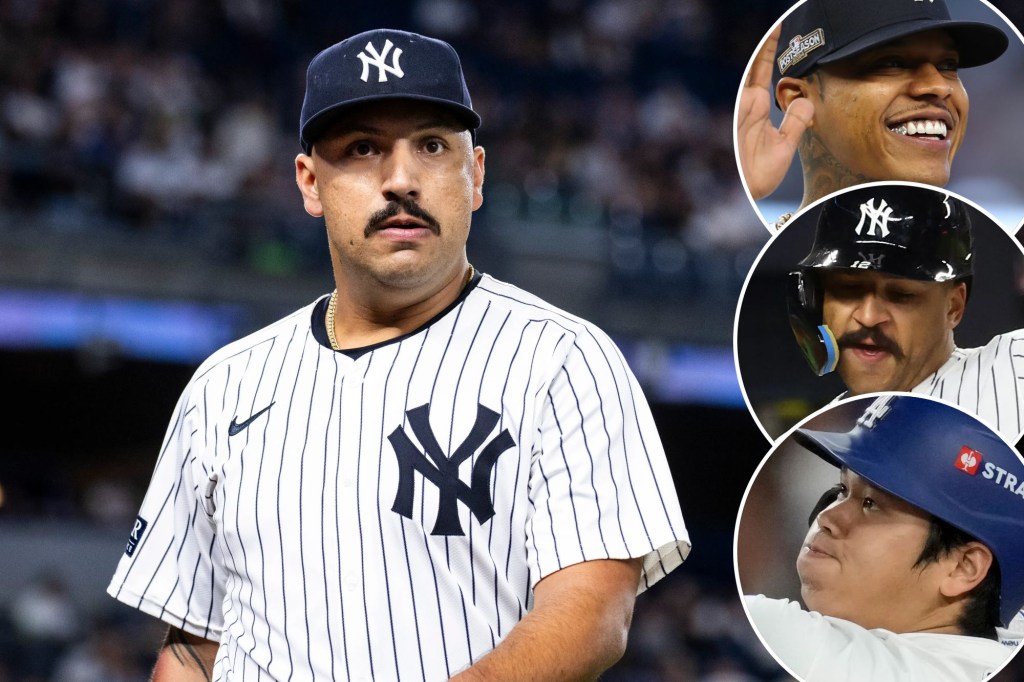 Nestor Cortes walks off the mound at Yankee Stadium; Marcus Stroman, Trent Grisham, Shohei Ohtani