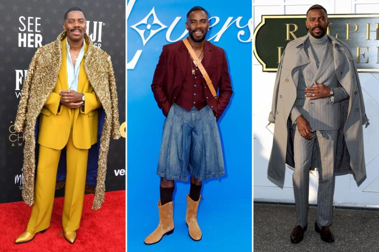 Collage of Oscar-nominated actor Colman Domingo in different outfits by brands like Ralph Lauren, Valentino, and Louis Vuitton