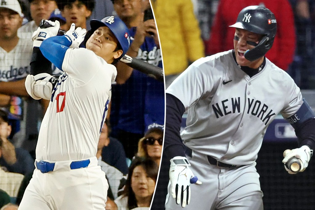 The Dodgers' Shohei Ohtani swings during the 2024 NLCS; Aaron Judge celebrates during the ALCS.