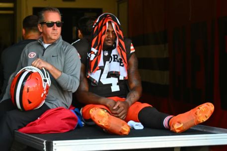 Deshaun Watson #4 of the Cleveland Browns is taken off the field on a medical cart