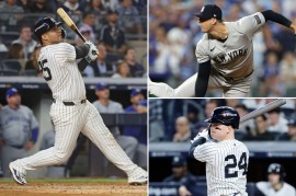 The Yankees' Gleyber Torres (left) and Alex Verdugo (bottom right) bat in the ALDS; Clay Holmes (top right) throws a pitch.