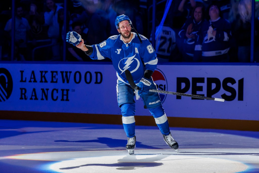 Nikita Kucherov celebrates a win over the Golden Knights on Oct. 17, 2024.