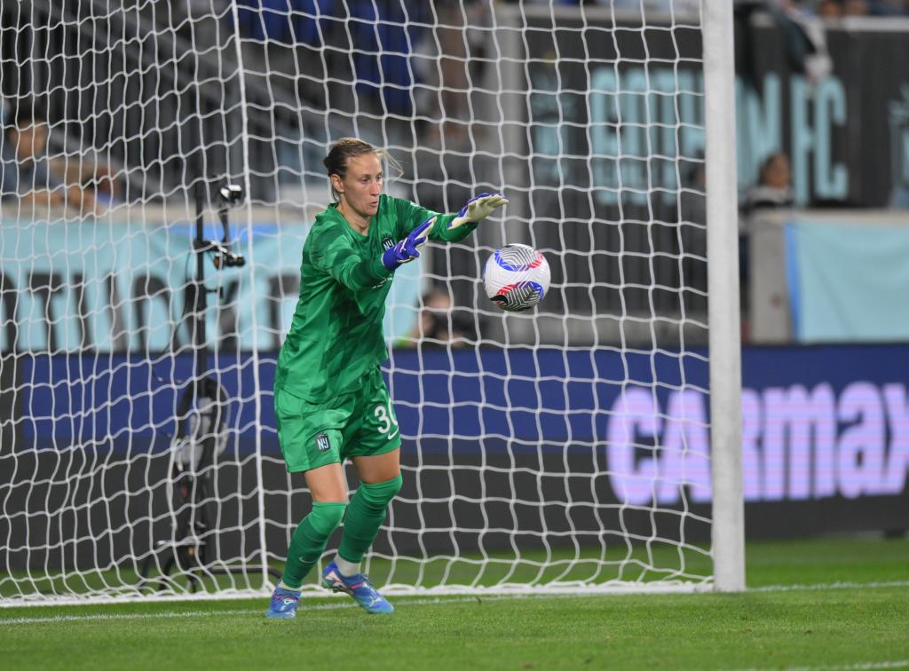 Gotham FC goalkeeper Ann-Katrin Berger (30) saves a shot on goal during the first half