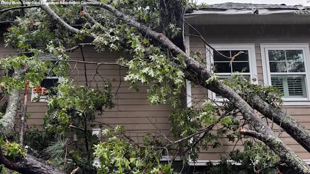 A fallen tree on a building at Deerfield Episcopal Retirement Community.