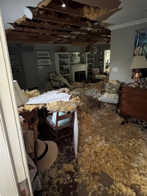 Damage at Deerfield Episcopal Retirement Community in Asheville, N.C. after a tree fell on a cottage during Hurricane Helene.