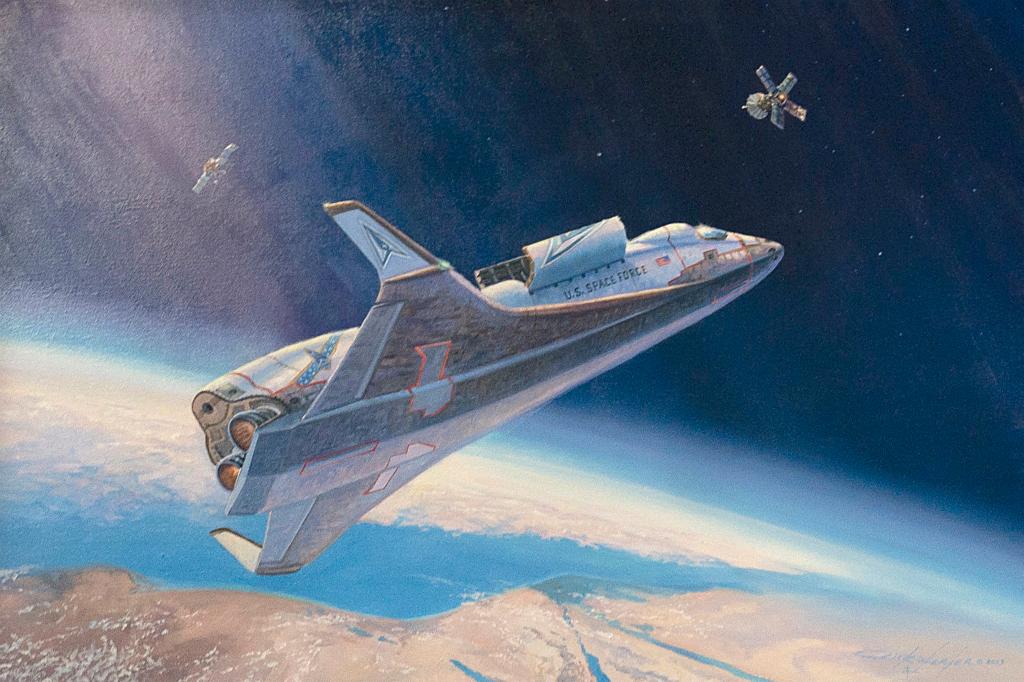 A rendering showing the spacecraft intercepting an adversary satellite.