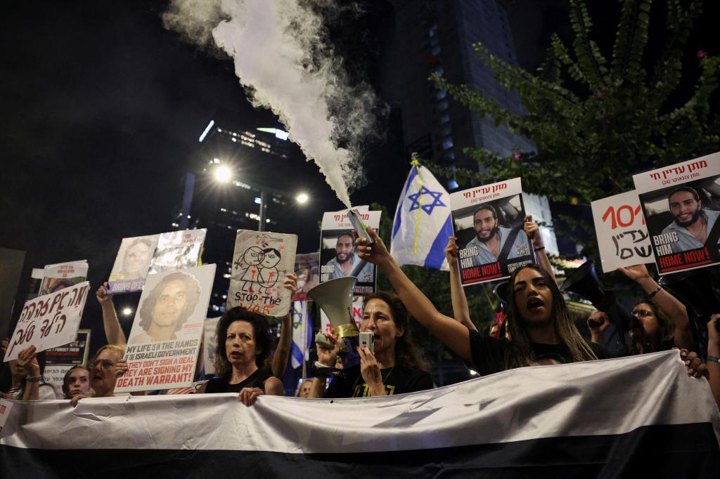 A rally in Tel Aviv to demand the release of the Israeli hostages by Hamas on Oct. 17, 2024.