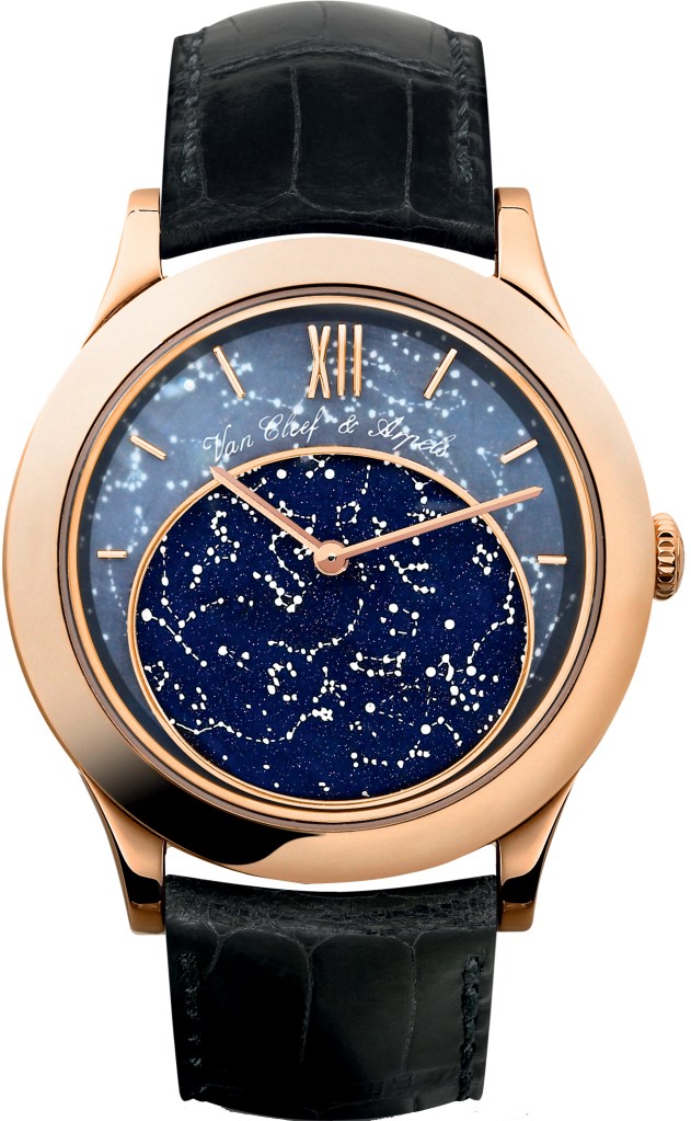 Midnight in Paris watch set in 18K rose gold featuring Aventurine, Meteorite, Quartz and a starry sky design