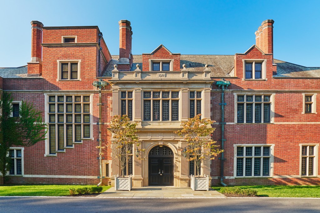 A brick building of the newly-opened retreat Pendry Natirar in the Garden State with a large entryway