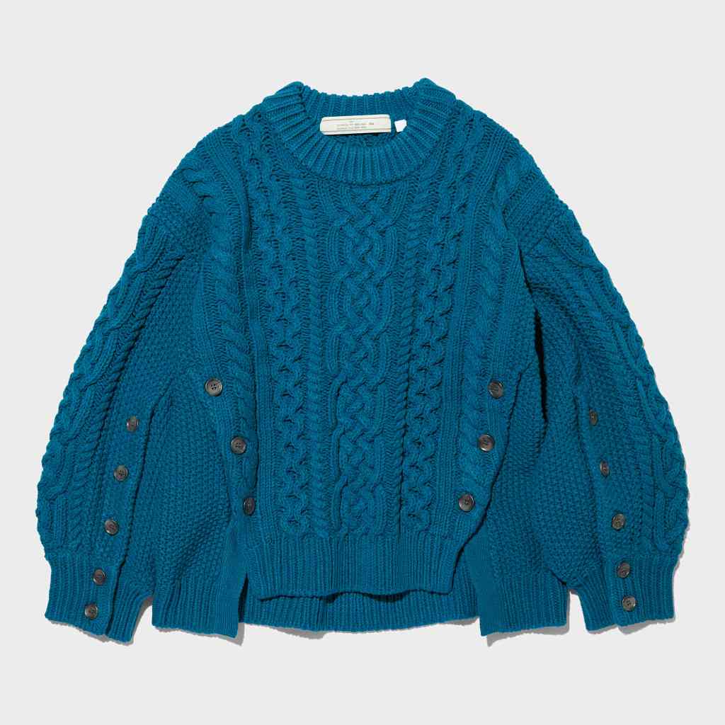 Blue sweater with buttons from GU x Rokh collaboration collection