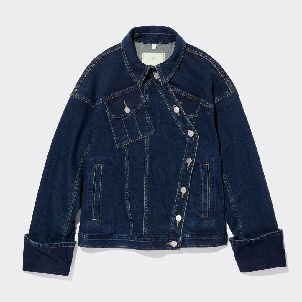 A blue denim jacket from the GU x Rokh Collab Collection