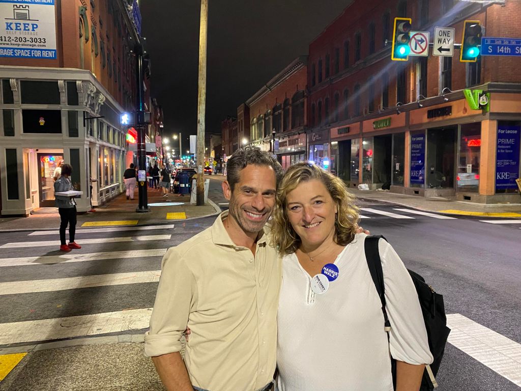 Michele and Peter Margittai on street in Pittsburgh's South Side.