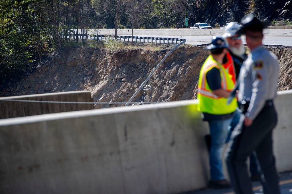 A portion of US 40 near the North Carolina and Tennessee border crumbled into the French Broad River during Helene. 