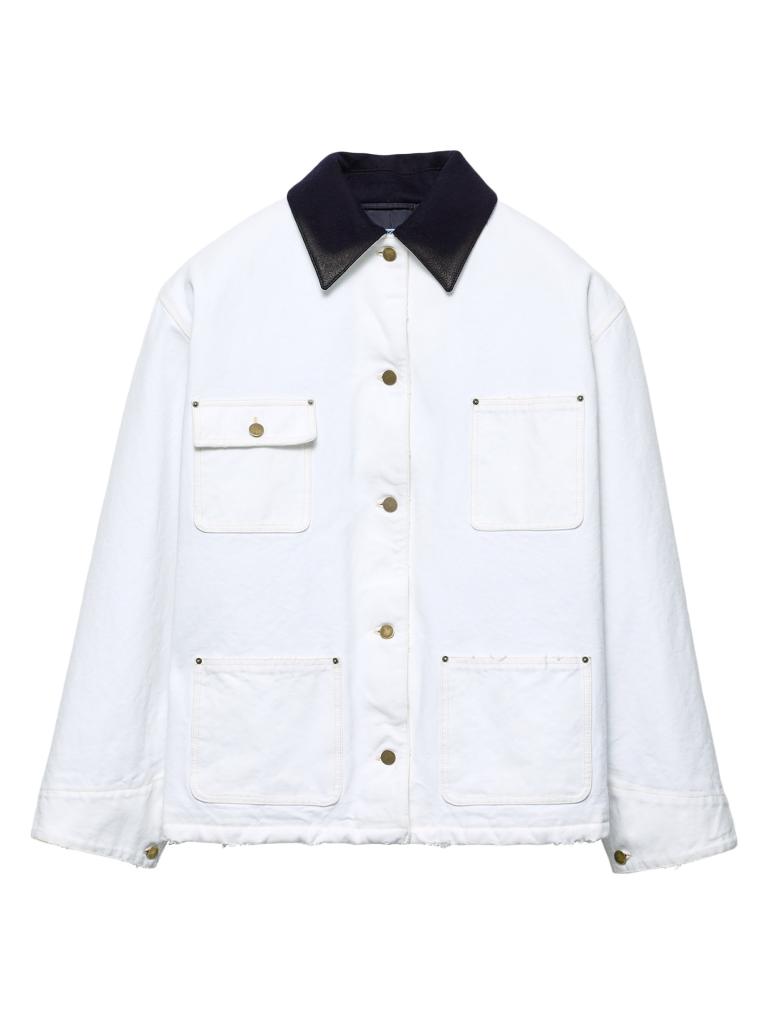 Prada white canvas blouson jacket with black collar for sale at Saks Fifth Avenue