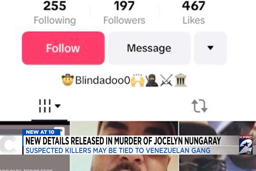 A screenshot of one of the accused killer's TikTok page shows emojis believed to be tied to Tren de Aragua.