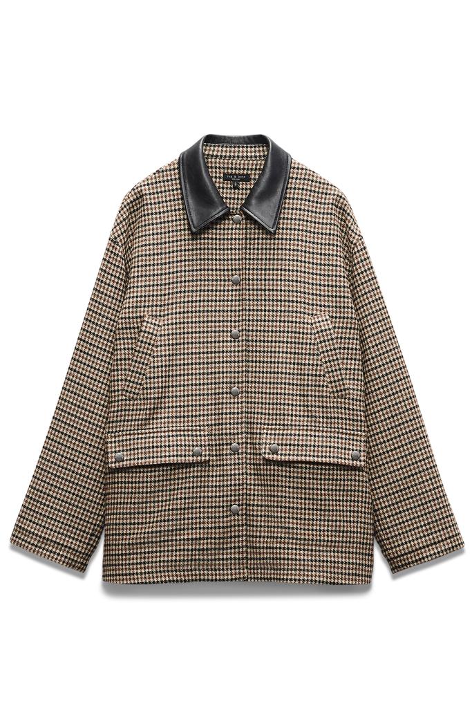 Cassidy Houndstooth Jacket by Rag and Bone in Tan Multi, a plaid barn jacket with a black collar