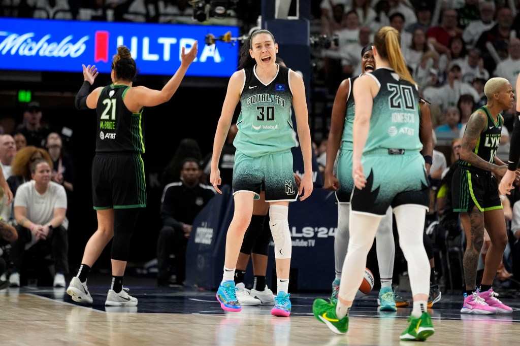 The Liberty's Breanna Stewart (30) reacts during Game 3 of the WNBA Finals on Oct. 16, 2024.