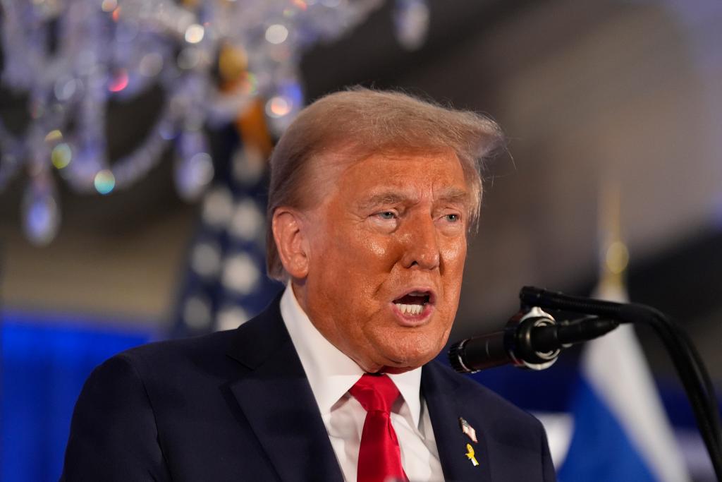 Republican presidential nominee former President Donald Trump speaks at an event marking one year since the Oct. 7 Hamas attack on Israel, Monday, Oct. 7, 2024, in Miami. (AP Photo/Alex Brandon)