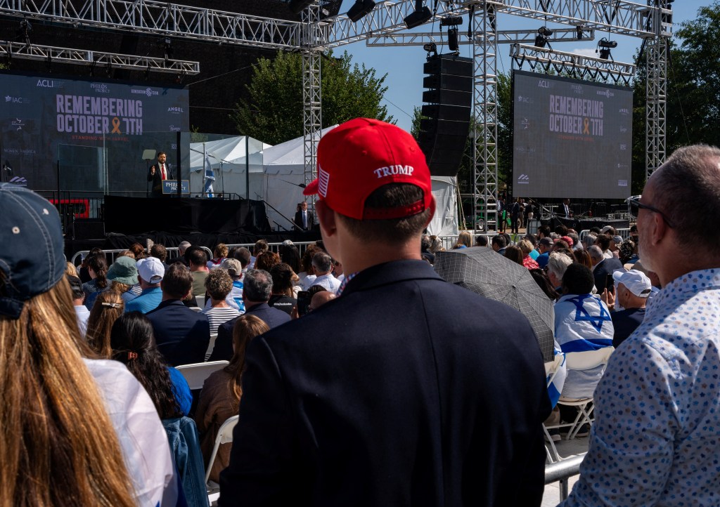 Republican Vice Presidential Nominee J.D. Vance speaks at the Philos Stand with Israel rally on the anniversary of the Israel-Hamas war near the Washington Monument  in Washington, U.S., October 7, 2024. 