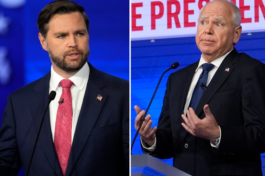 Republican vice presidential nominee, Sen. JD Vance, engaging in a debate with Democratic counterpart, Minnesota Gov. Tim Walz, during the CBS hosted debate in New York, 2024.