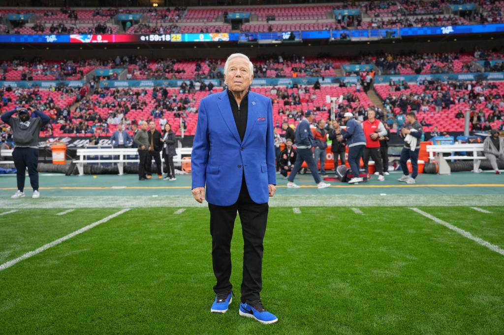 Patriots owner Robert Kraft walks onto the Wembley Stadium field during pregame of an NFL football game against the Jacksonville Jaguars on Oct. 20, 2024, in London.  