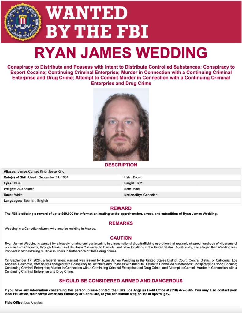 According to the indictment, Nahim Jorge Bonilla, who owns the companies Mandrake and Ruido Callejero Music, is accused of conspiring to distribute cocaine and methamphetamine for Ryan James Wedding and Andrew Clark.