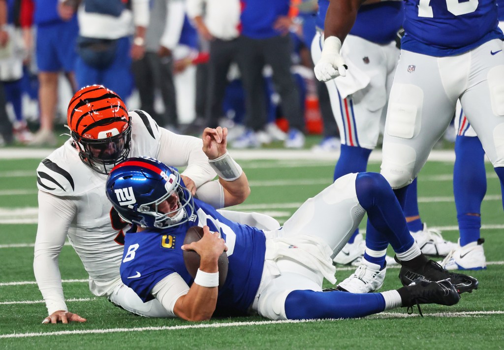 Daniel Jones is sacked during the Giants' loss to the Bengals on Oct. 13, 2024. 