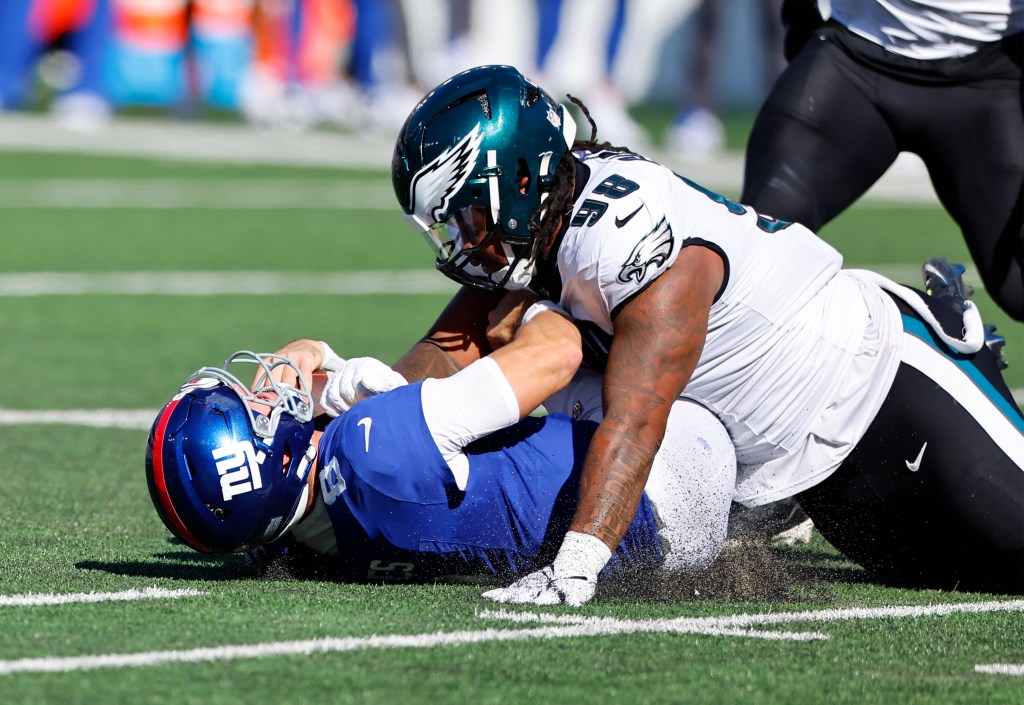 Daniel Jones is sacked during the Giants' loss to the Eagles on Oct. 20, 2024. 