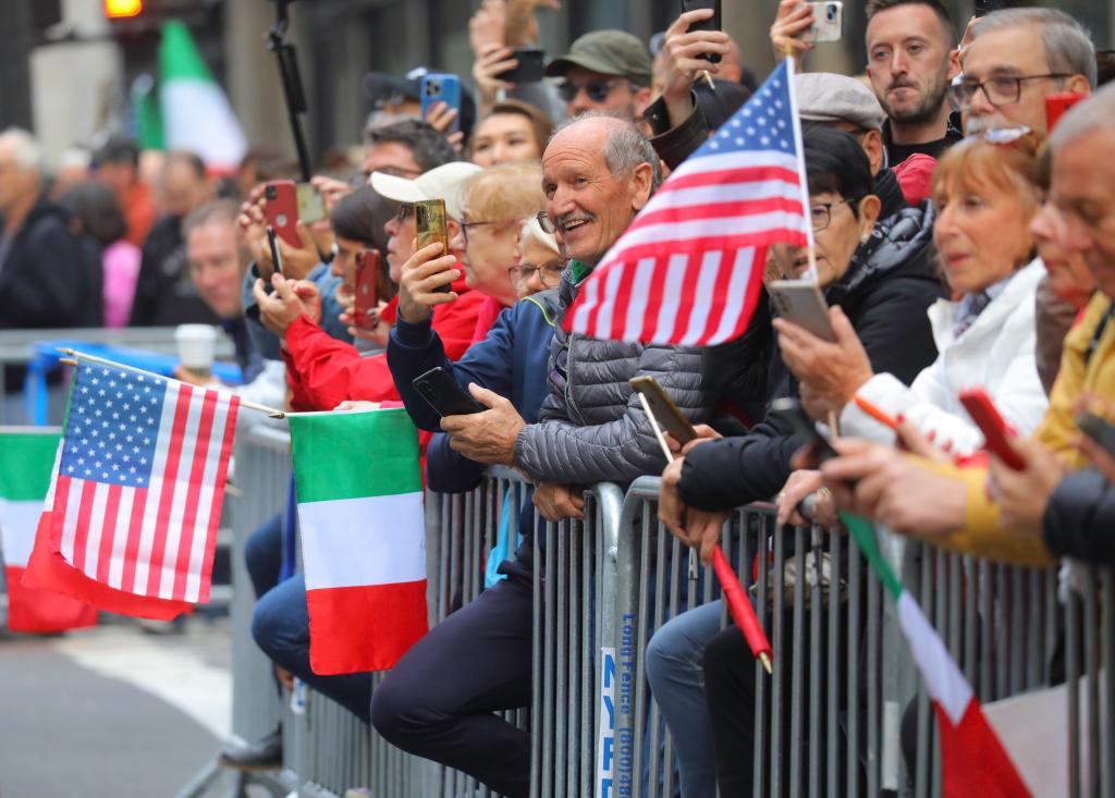 People gathered in Manhattan to watch the Columbus Day Parade on Oct. 14, 2024.