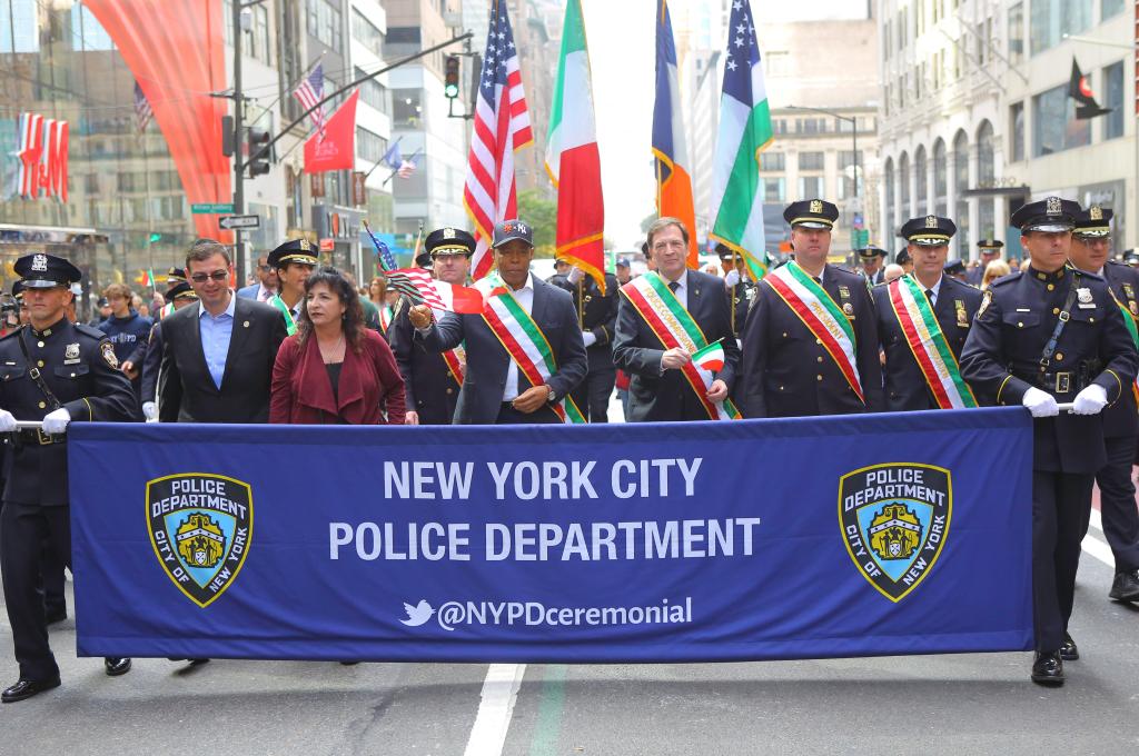 Mayor Adams and NYPD leaders marching in the 2024 Columbus Day Parade.