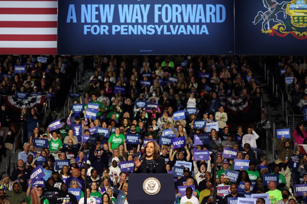 Democratic presidential nominee, Vice President Kamala Harris speaks during a campaign rally at Erie Insurance Arena on October 14, 2024 in Erie, Pennsylvania.