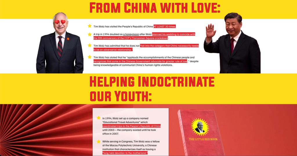 The website claims that Walz is "putting China first" and "America last."