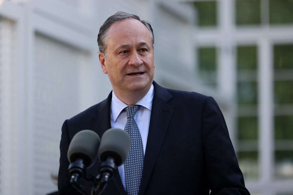 Second Gentleman Doug Emhoff delivers remarks on the first anniversary of the Hamas attack on Israel at the Naval Observatory in Washington, DC, on October 7, 2024.