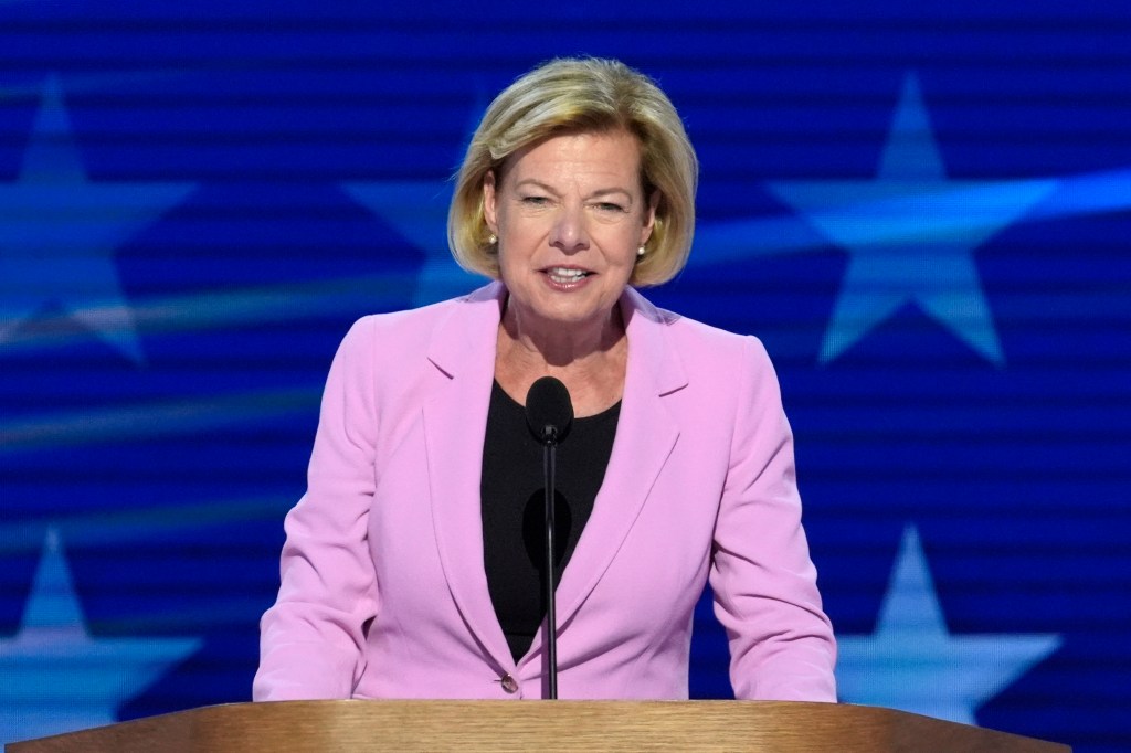 Senator Tammy Baldwin speaking at the Democratic National Convention in Chicago, 2024